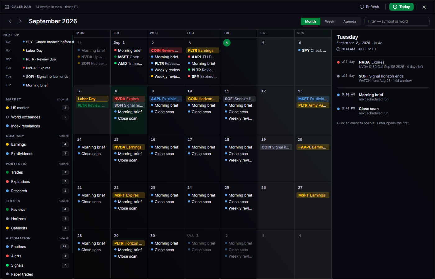 The calendar. Sessions, earnings, ex-dividend dates and expirations over the positions you hold.