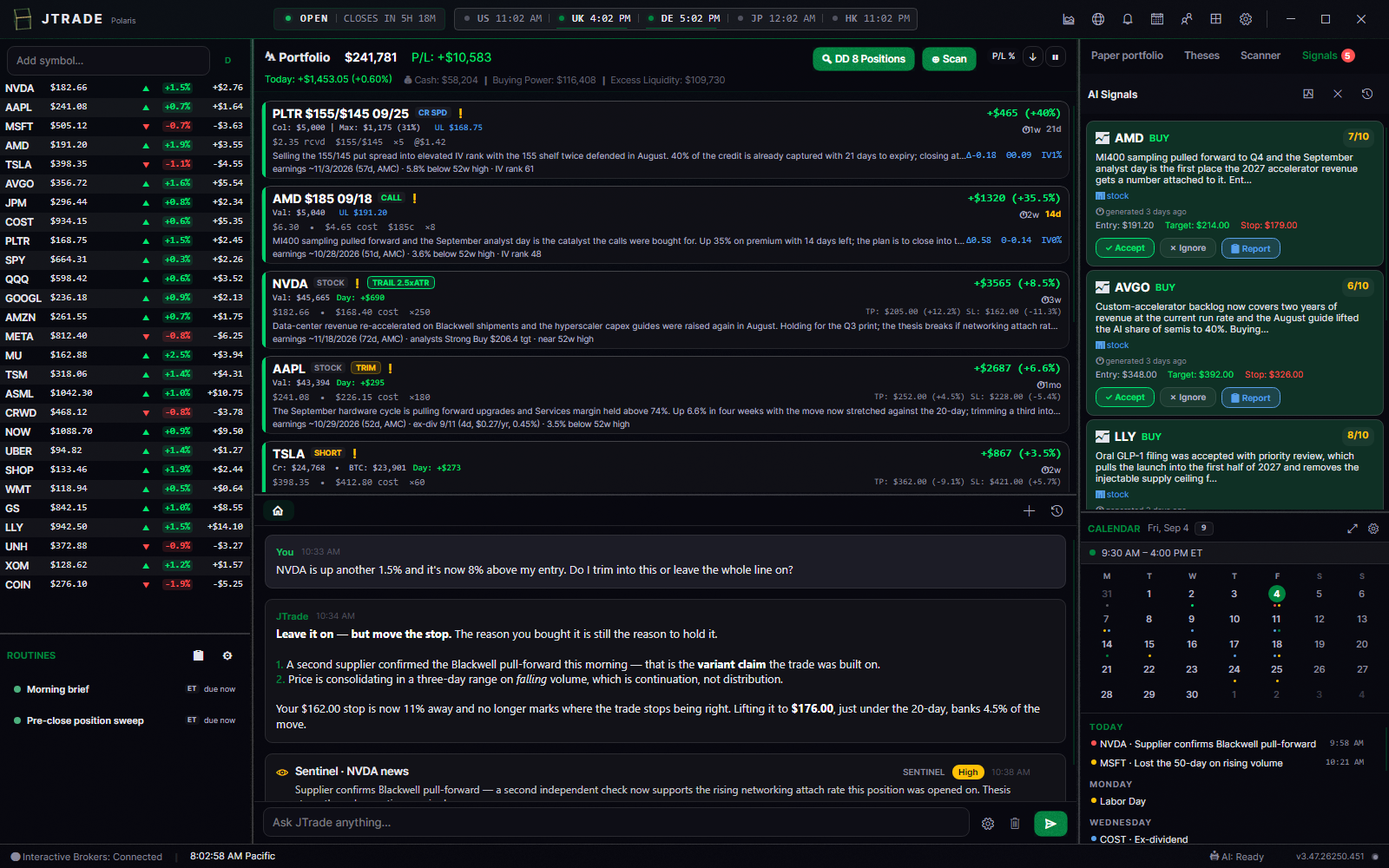 The desk. Watchlist, portfolio, the assistant and the signal radar in one window.